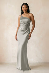 One - Shoulder Sheath Ruched Bridesmaid Dress in Silver - KissProm Bridesmaid Dresses