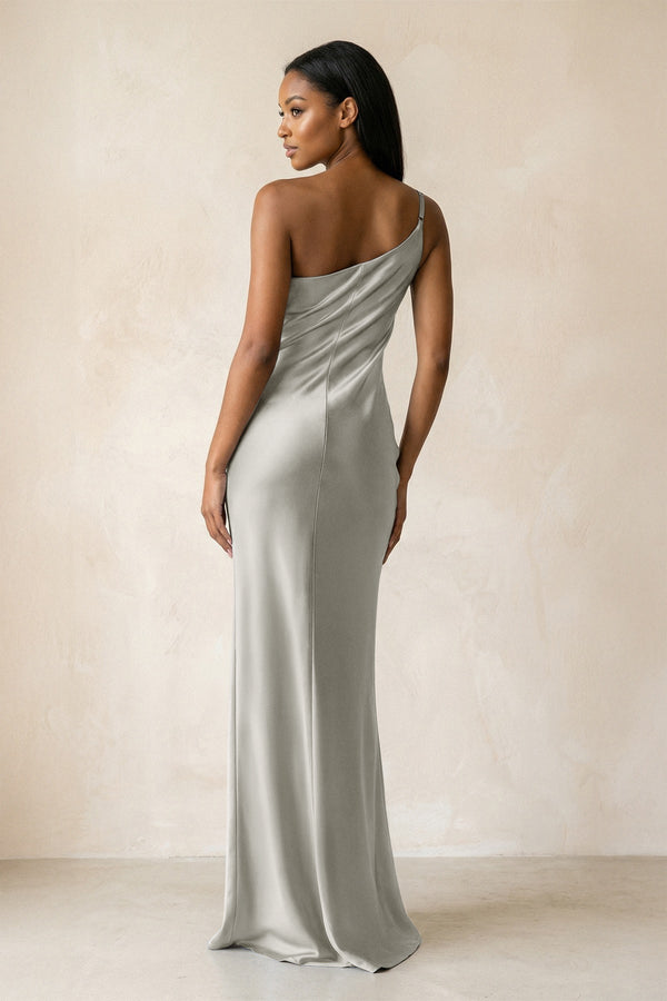 One - Shoulder Sheath Ruched Bridesmaid Dress in Silver - KissProm Bridesmaid Dresses