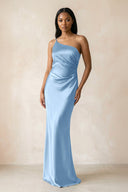 One - Shoulder Sheath Ruched Bridesmaid Dress in Sky Blue - KissProm Bridesmaid Dresses