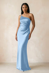 One - Shoulder Sheath Ruched Bridesmaid Dress in Sky Blue - KissProm Bridesmaid Dresses