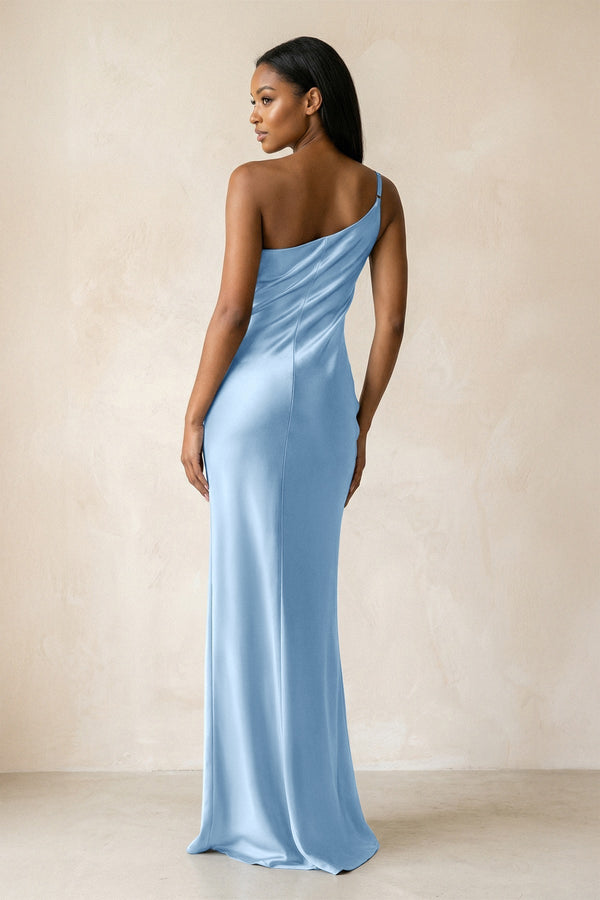 One - Shoulder Sheath Ruched Bridesmaid Dress in Sky Blue - KissProm Bridesmaid Dresses