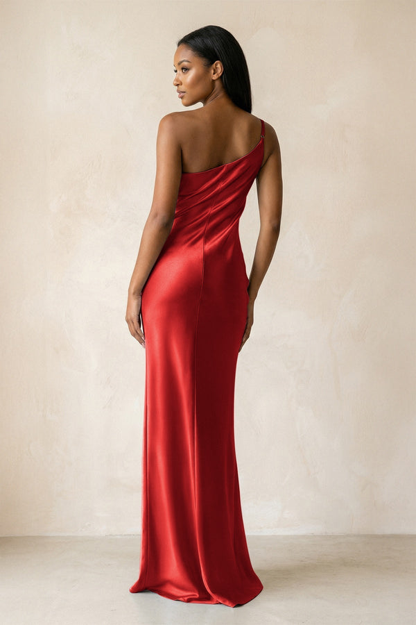 One - Shoulder Sheath Ruched Bridesmaid Dress in Spice - KissProm Bridesmaid Dresses