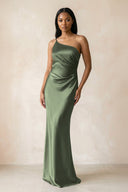One - Shoulder Sheath Ruched Bridesmaid Dress in Thyme - KissProm Bridesmaid Dresses