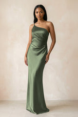 One - Shoulder Sheath Ruched Bridesmaid Dress in Thyme - KissProm Bridesmaid Dresses