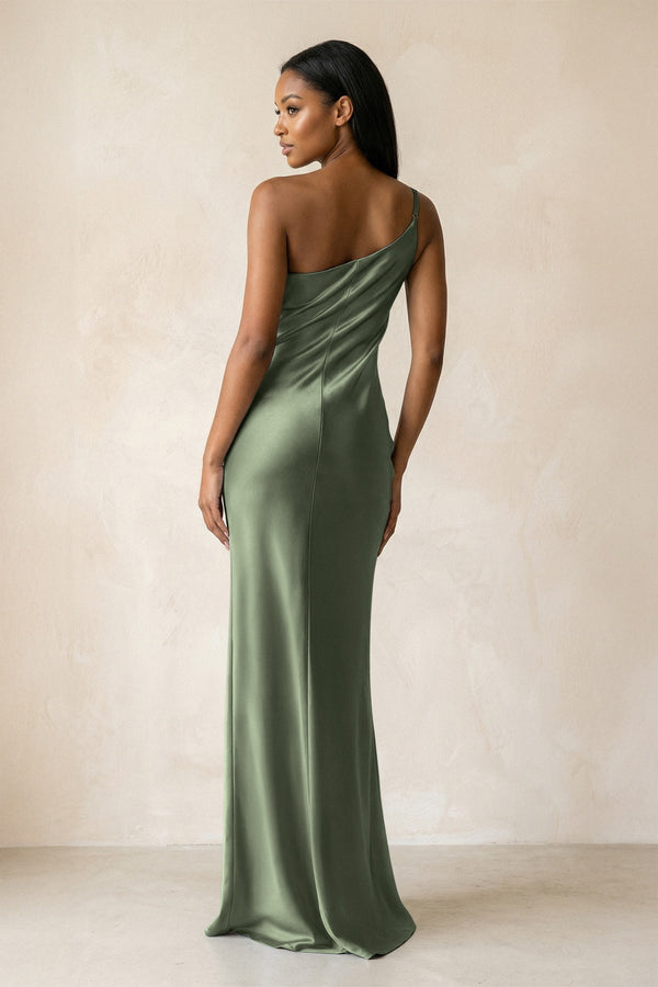 One - Shoulder Sheath Ruched Bridesmaid Dress in Thyme - KissProm Bridesmaid Dresses