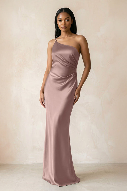 One - Shoulder Sheath Ruched Bridesmaid Dress in Toffee - KissProm Bridesmaid Dresses