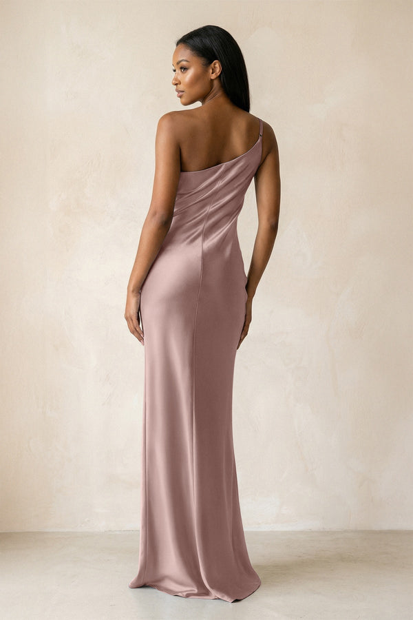 One - Shoulder Sheath Ruched Bridesmaid Dress in Toffee - KissProm Bridesmaid Dresses