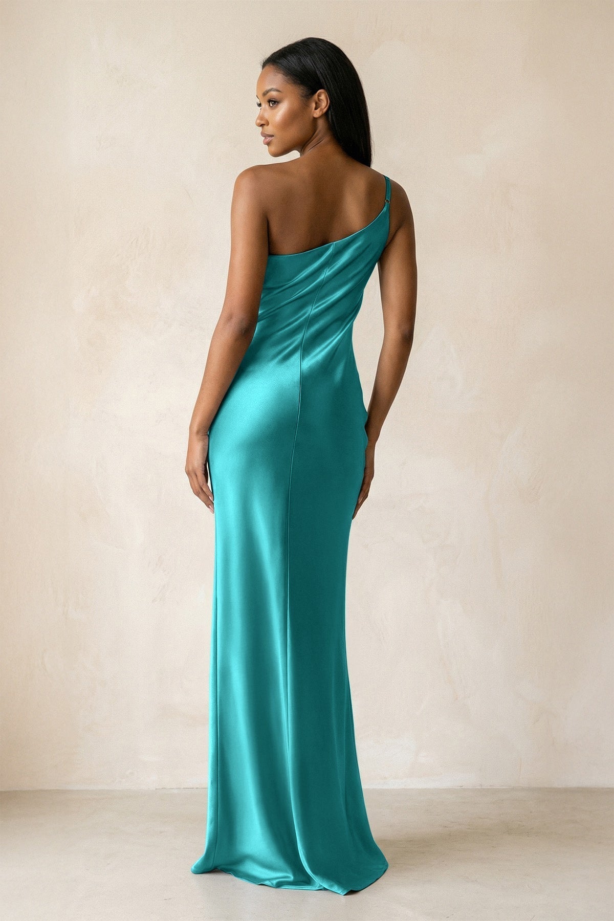 KissProm One-Shoulder Sheath Ruched Bridesmaid Dress in Turquoise, Turquoise / 14
