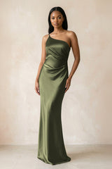 One - Shoulder Sheath Ruched Bridesmaid Dress in Willow Green - KissProm Bridesmaid Dresses