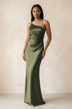 One - Shoulder Sheath Ruched Bridesmaid Dress in Willow Green - KissProm Bridesmaid Dresses