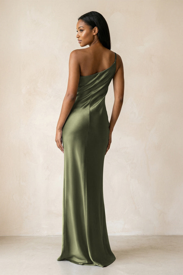 One - Shoulder Sheath Ruched Bridesmaid Dress in Willow Green - KissProm Bridesmaid Dresses