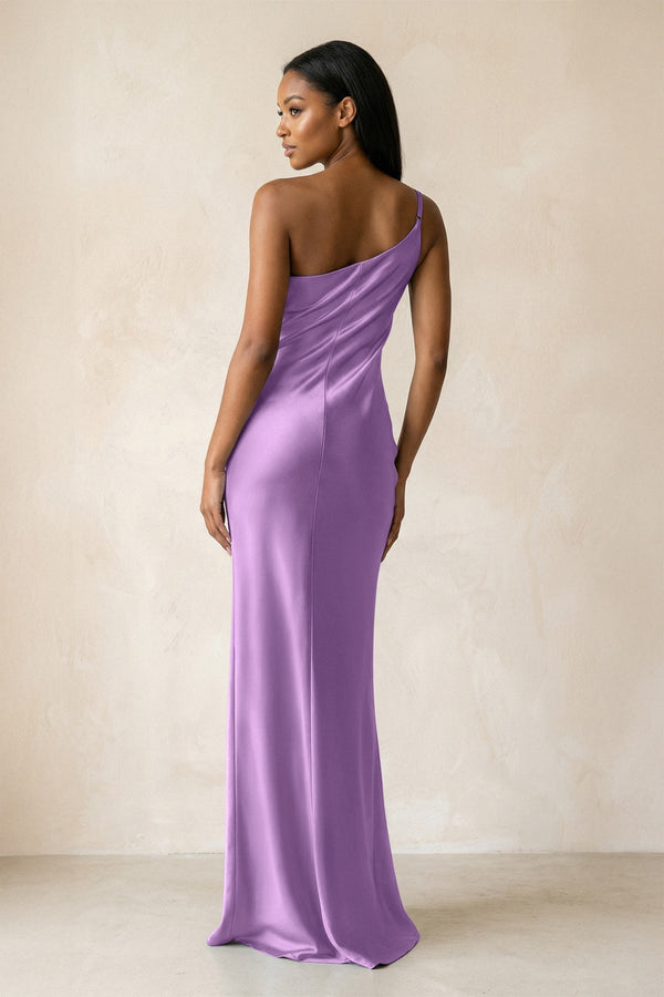 One - Shoulder Sheath Ruched Bridesmaid Dress in Wisteria - KissProm Bridesmaid Dresses
