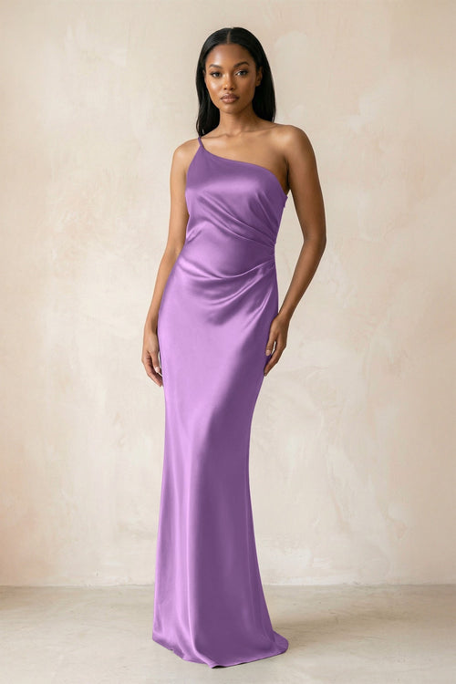 One - Shoulder Sheath Ruched Bridesmaid Dress in Wisteria - KissProm Bridesmaid Dresses