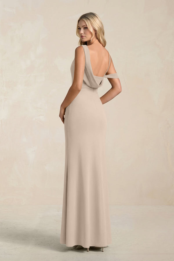 One - Shoulder Sheath Ruched Bridesmaid Dress With Slit in Almond - KissProm Bridesmaid Dresses