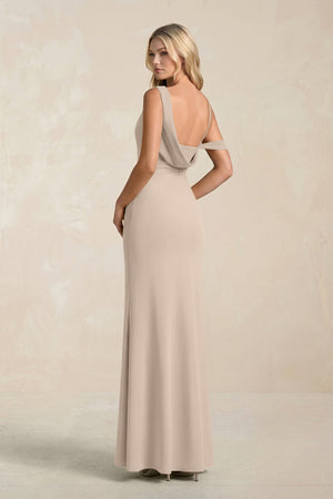 One - Shoulder Sheath Ruched Bridesmaid Dress With Slit in Almond - KissProm Bridesmaid Dresses