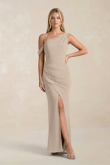 One - Shoulder Sheath Ruched Bridesmaid Dress With Slit in Almond - KissProm Bridesmaid Dresses