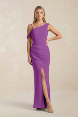 One - Shoulder Sheath Ruched Bridesmaid Dress With Slit in Amethyst - KissProm Bridesmaid Dresses