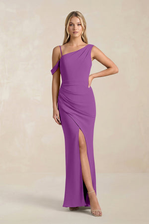 One - Shoulder Sheath Ruched Bridesmaid Dress With Slit in Amethyst - KissProm Bridesmaid Dresses