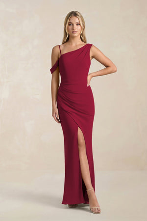One - Shoulder Sheath Ruched Bridesmaid Dress With Slit in Berry - KissProm Bridesmaid Dresses