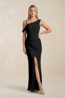 One - Shoulder Sheath Ruched Bridesmaid Dress With Slit in Black - KissProm Bridesmaid Dresses