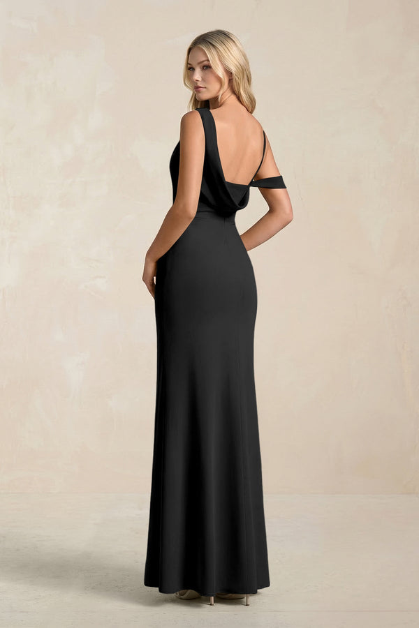 One - Shoulder Sheath Ruched Bridesmaid Dress With Slit in Black - KissProm Bridesmaid Dresses