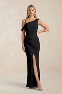 One - Shoulder Sheath Ruched Bridesmaid Dress With Slit in Black - KissProm Bridesmaid Dresses