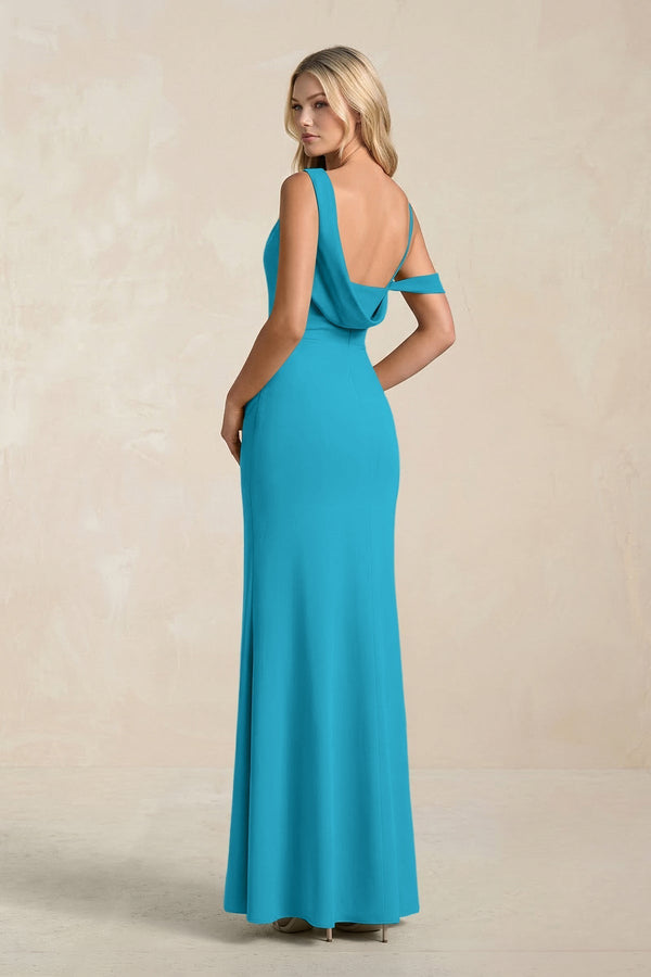 One - Shoulder Sheath Ruched Bridesmaid Dress With Slit in Blue Jay - KissProm Bridesmaid Dresses
