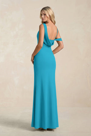 One - Shoulder Sheath Ruched Bridesmaid Dress With Slit in Blue Jay - KissProm Bridesmaid Dresses
