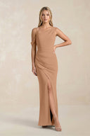 One - Shoulder Sheath Ruched Bridesmaid Dress With Slit in Bronzer - KissProm Bridesmaid Dresses