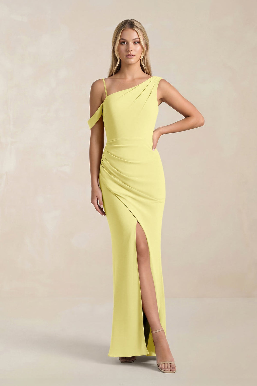 One - Shoulder Sheath Ruched Bridesmaid Dress With Slit in Buttercup - KissProm Bridesmaid Dresses