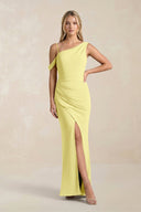 One - Shoulder Sheath Ruched Bridesmaid Dress With Slit in Buttercup - KissProm Bridesmaid Dresses