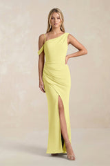 One - Shoulder Sheath Ruched Bridesmaid Dress With Slit in Buttercup - KissProm Bridesmaid Dresses
