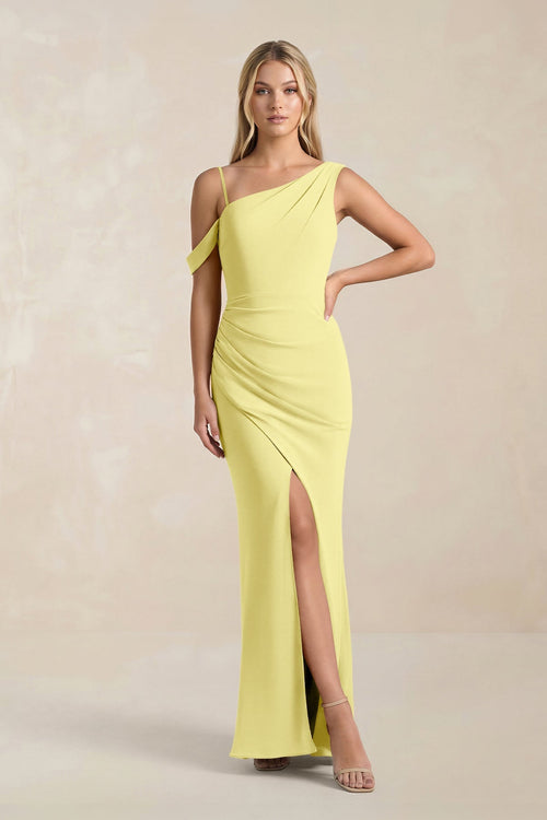 One - Shoulder Sheath Ruched Bridesmaid Dress With Slit in Buttercup - KissProm Bridesmaid Dresses