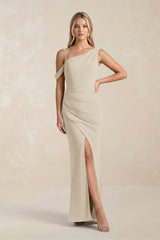 One - Shoulder Sheath Ruched Bridesmaid Dress With Slit in Champagne - KissProm Bridesmaid Dresses