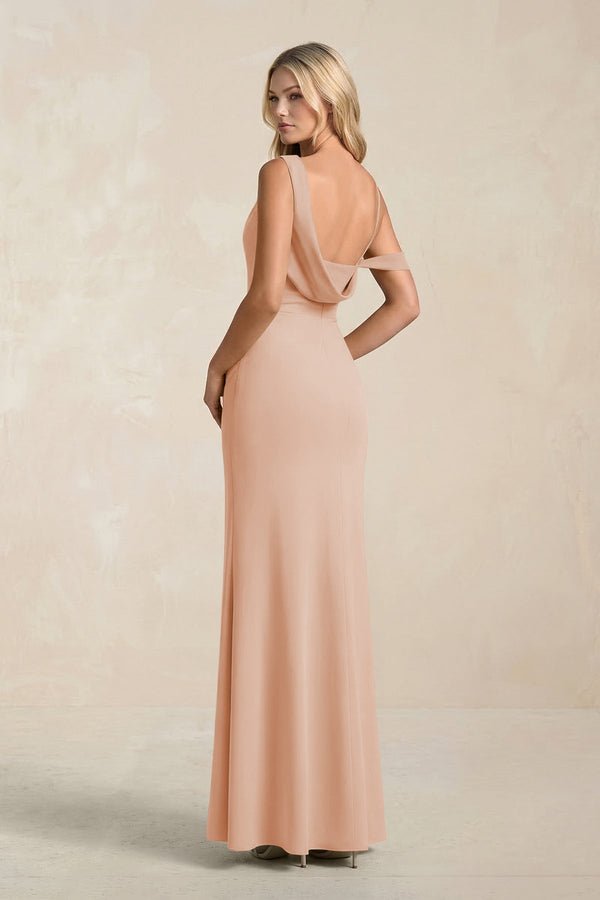 One - Shoulder Sheath Ruched Bridesmaid Dress With Slit in Champagne Rose - KissProm Bridesmaid Dresses