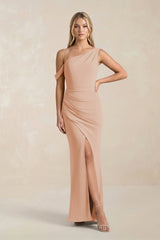 One - Shoulder Sheath Ruched Bridesmaid Dress With Slit in Champagne Rose - KissProm Bridesmaid Dresses