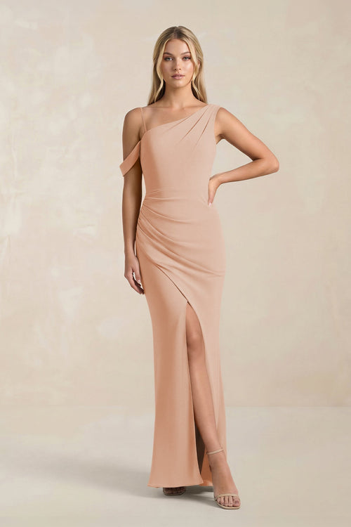 One - Shoulder Sheath Ruched Bridesmaid Dress With Slit in Champagne Rose - KissProm Bridesmaid Dresses