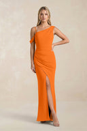 One - Shoulder Sheath Ruched Bridesmaid Dress With Slit in Cinnamon - KissProm Bridesmaid Dresses