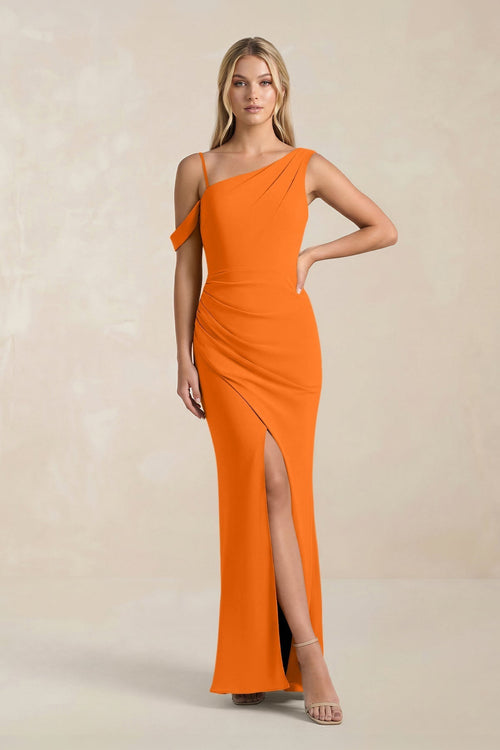 One - Shoulder Sheath Ruched Bridesmaid Dress With Slit in Cinnamon - KissProm Bridesmaid Dresses