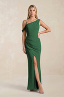 One - Shoulder Sheath Ruched Bridesmaid Dress With Slit in Dark Green - KissProm Bridesmaid Dresses