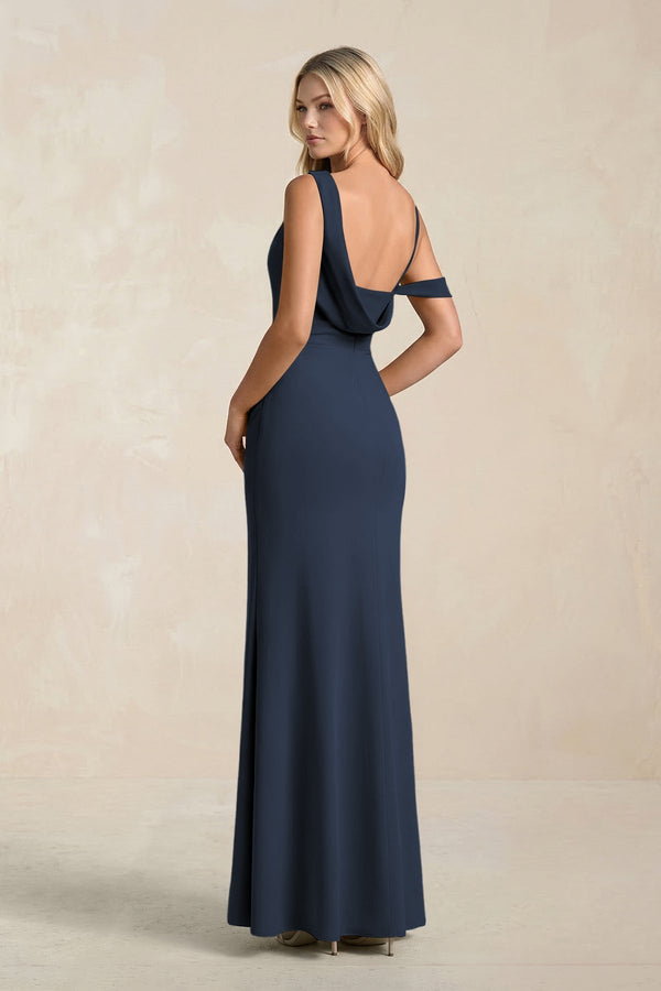 One - Shoulder Sheath Ruched Bridesmaid Dress With Slit in Dark Navy - KissProm Bridesmaid Dresses