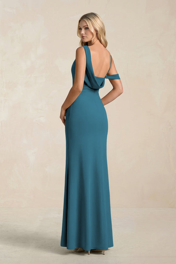 One - Shoulder Sheath Ruched Bridesmaid Dress With Slit in Dark Teal - KissProm Bridesmaid Dresses