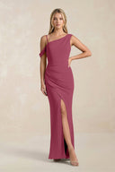 One - Shoulder Sheath Ruched Bridesmaid Dress With Slit in Desert Rose - KissProm Bridesmaid Dresses