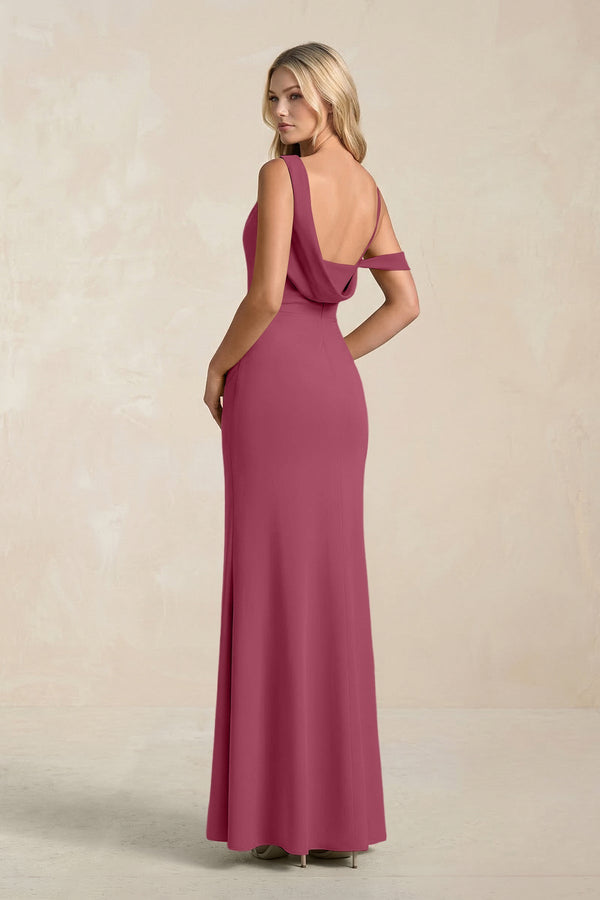 One - Shoulder Sheath Ruched Bridesmaid Dress With Slit in Desert Rose - KissProm Bridesmaid Dresses