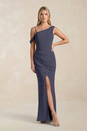 One - Shoulder Sheath Ruched Bridesmaid Dress With Slit in Dusk Blue - KissProm Bridesmaid Dresses