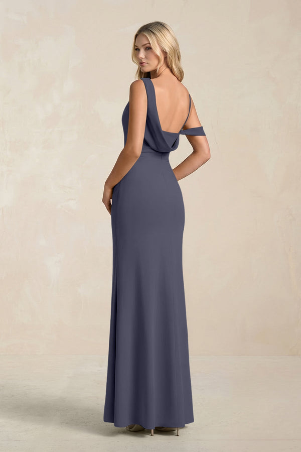 One - Shoulder Sheath Ruched Bridesmaid Dress With Slit in Dusk Blue - KissProm Bridesmaid Dresses
