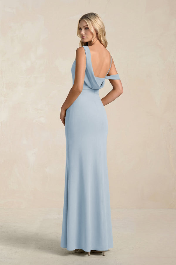 One - Shoulder Sheath Ruched Bridesmaid Dress With Slit in Dusty Blue - KissProm Bridesmaid Dresses