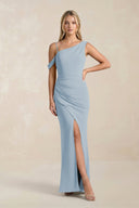 One - Shoulder Sheath Ruched Bridesmaid Dress With Slit in Dusty Blue - KissProm Bridesmaid Dresses