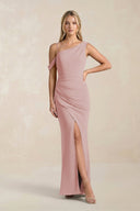 One - Shoulder Sheath Ruched Bridesmaid Dress With Slit in Dusty Rose - KissProm Bridesmaid Dresses