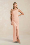 One - Shoulder Sheath Ruched Bridesmaid Dress With Slit in English Rose - KissProm Bridesmaid Dresses